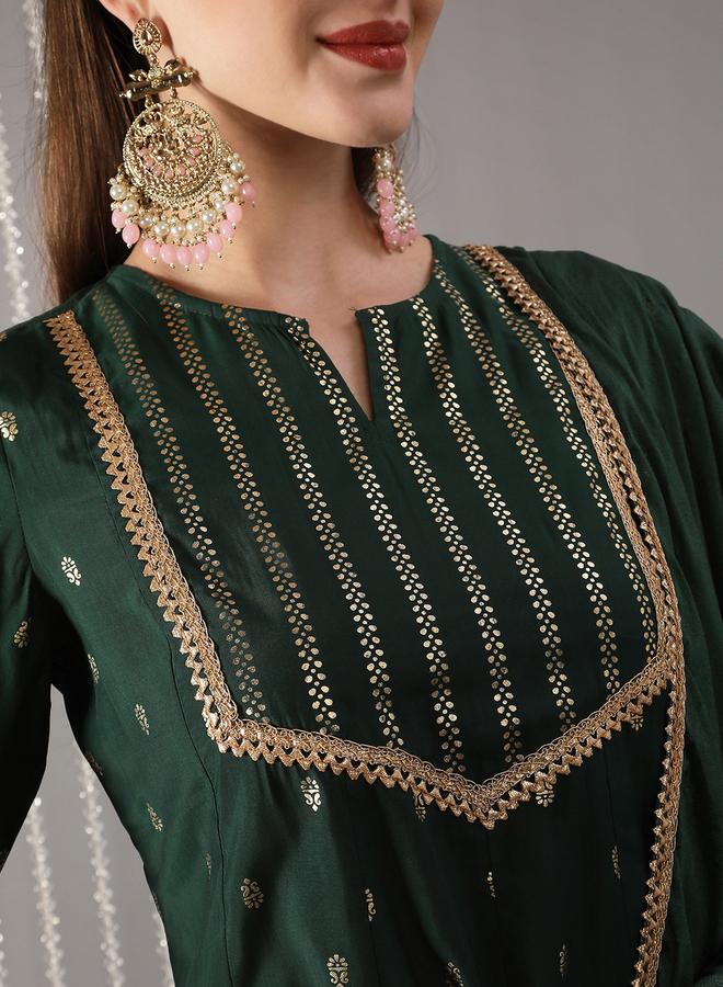 globus Women Green Embroidered A-Line Kurta with Pant and Dupatta Set - Image 3